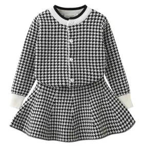 Winter Geometric Pattern Dress Long Sleeve Girls Clothes Top Coat  Tutu Dress Sweater Knitwear 2pcs