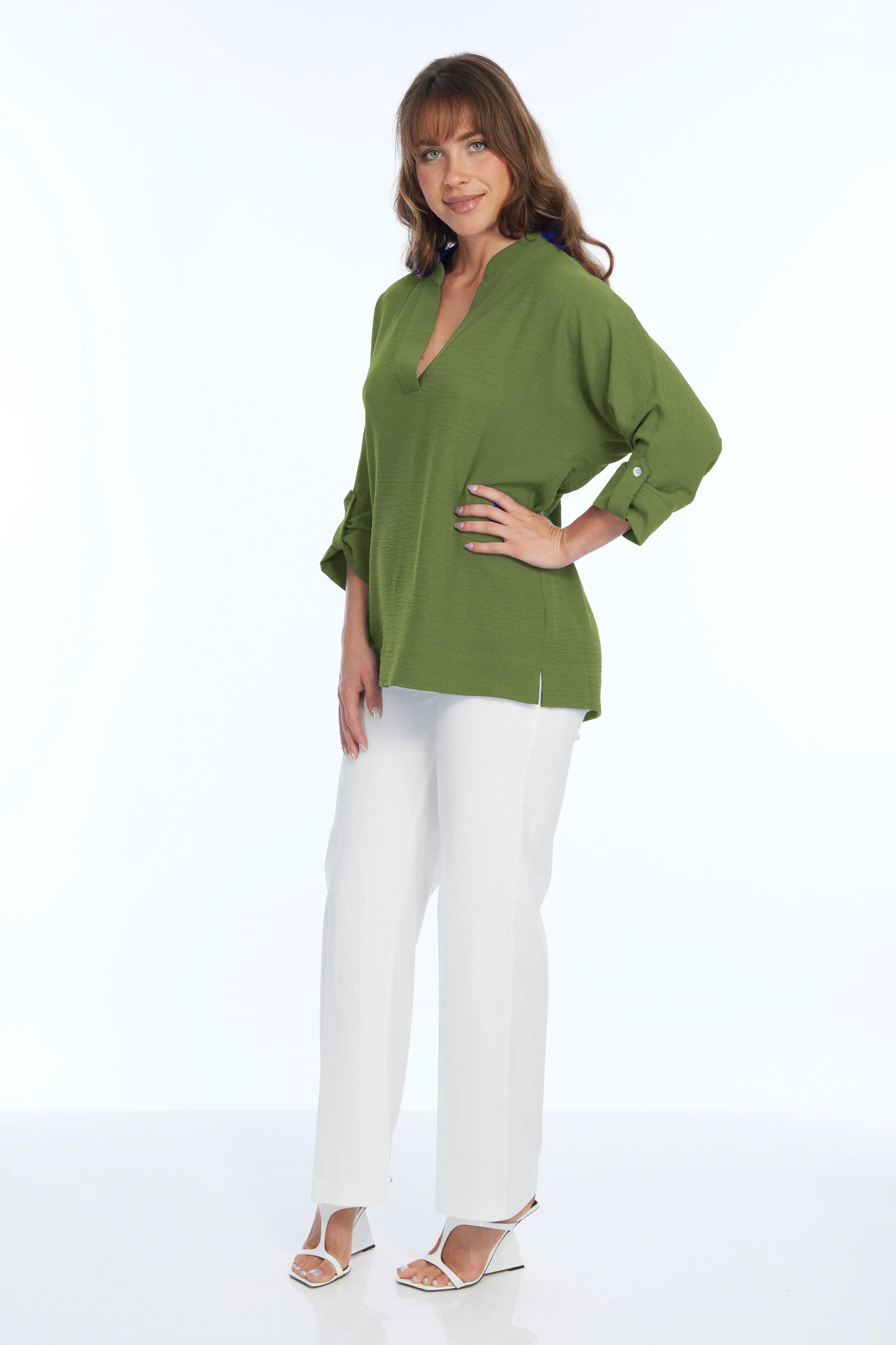 Women's Banded Collar V-Neck 3/4 Roll Tab Sleeve Blouse | Frida