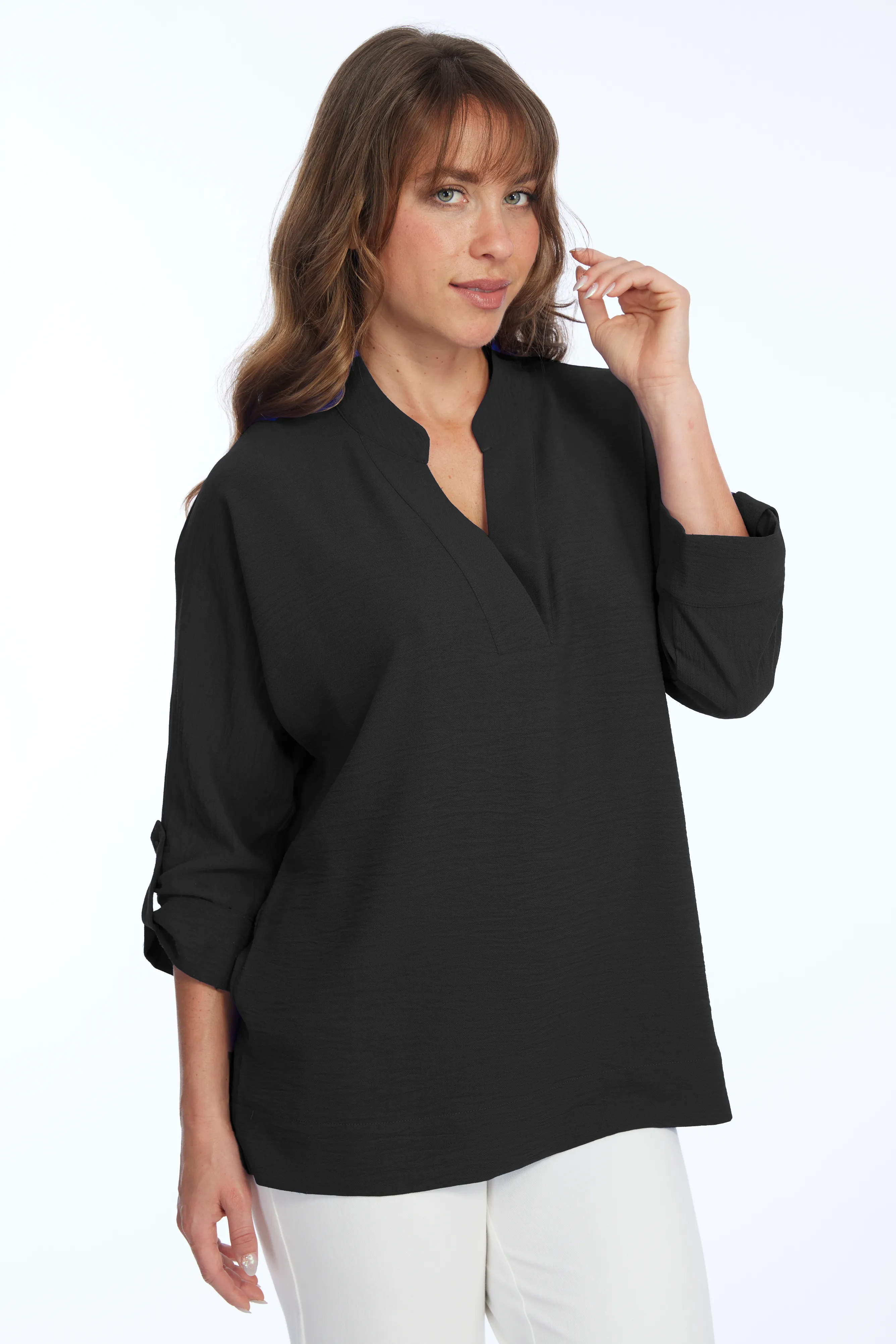 Women's Banded Collar V-Neck 3/4 Roll Tab Sleeve Blouse | Frida